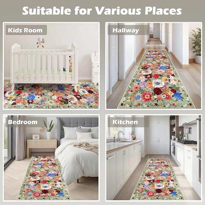 Rug for Hallways Kitchen Runner 2x8 Green | Non Slip Washable Rugs - Image 3