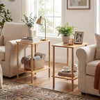 Giantex Bamboo Side Table Set of 2, 2-Tier Sofa End Bedside Table w/Storage - Image 2