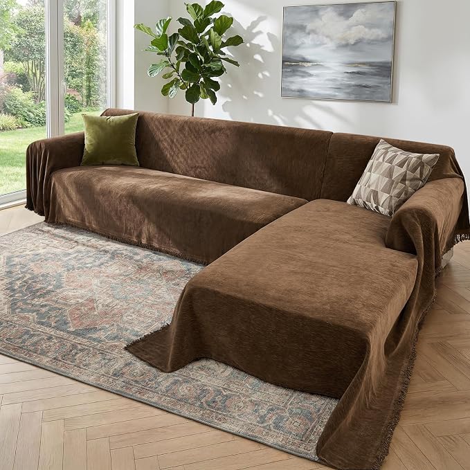 2 Pieces Sectional Couch Covers L Shaped Cover L Coffee | Thick Washable Fabric by Unknown