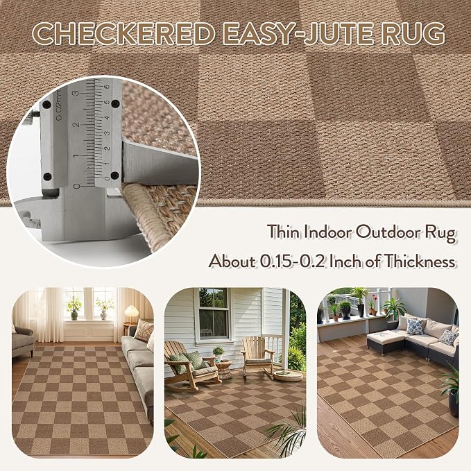Lahome Checkered Easy Jute Living Room Rug, 5x7 Outdoor Patio Rugs Washable | - Image 4