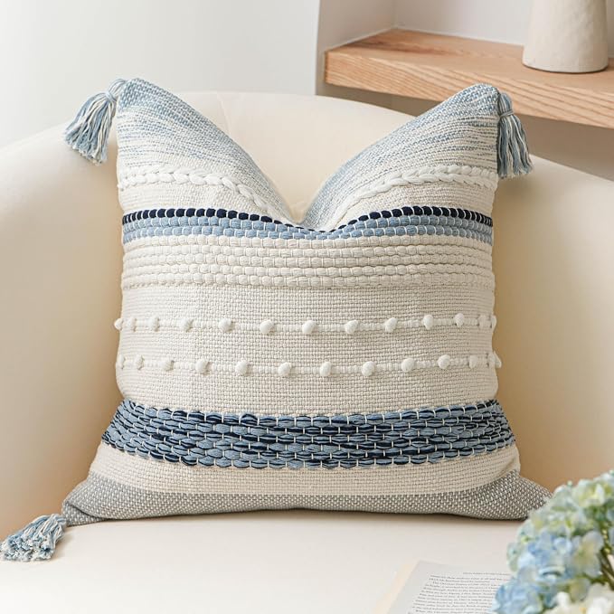 Coastal Blue Boho Decorative Throw Pillow Cover 18x18 Modern Bohemian Accent by BlissBlush