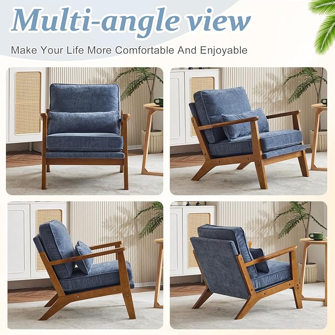 VINGLI Solid Wood Wide Armrests Accent Chair, Upholstered Mid Century Modern - Image 8