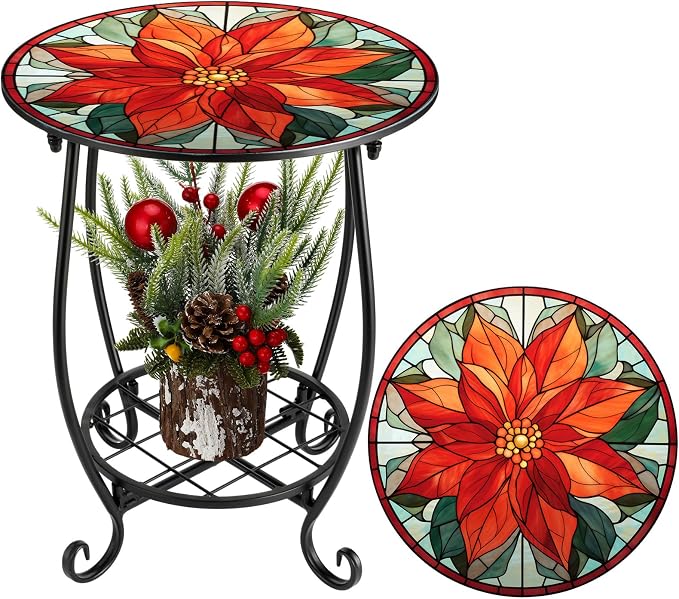 Cinnvoice Outdoor Side Table Round Small Mosaic Patio Accent Indoor End Plant by Cinnvoice