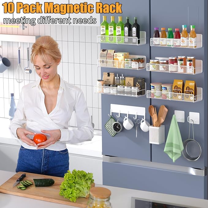 Magnetic Spice Rack for Refrigerator, 10 Pack Metal Magnetic Shelf, Moveable - Image 6