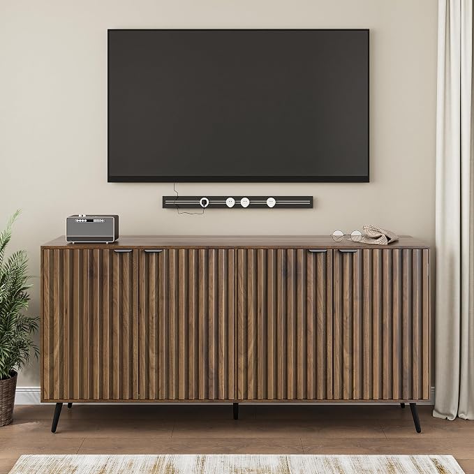 Smuxee 63" Fluted Sideboard Cabinet, Freestanding Walnut Buffet Cabinet - Image 9