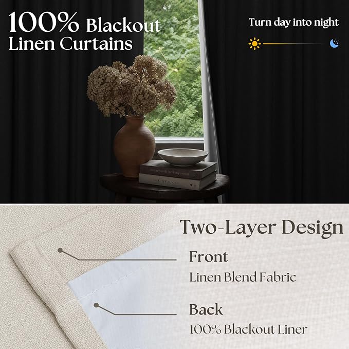 Natural Pinch Pleated 100% Blackout Linen Curtains 96 Inch Length | Pinch Pleat - Image 2