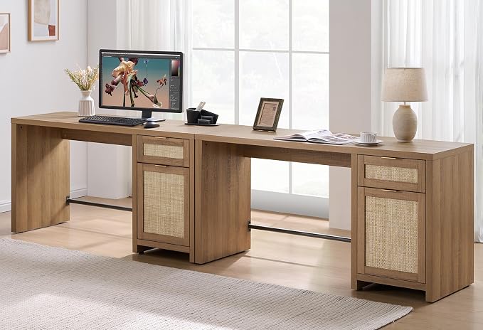SICOTAS Rattan Home Office Desk, 2 Pieces Farmhouse Boho Executive Desk by SICOTAS