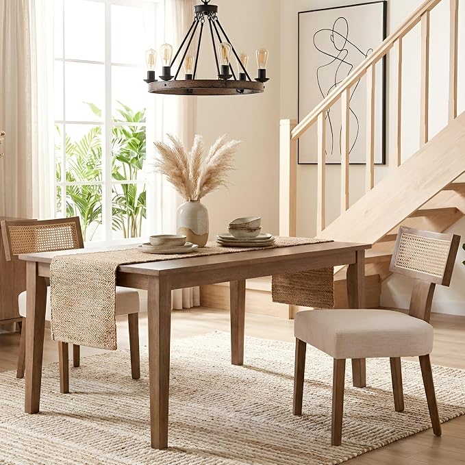 HNY Mid Century Modern Rattan Dining Chairs Set of 2, Farmhouse Linen by HNY