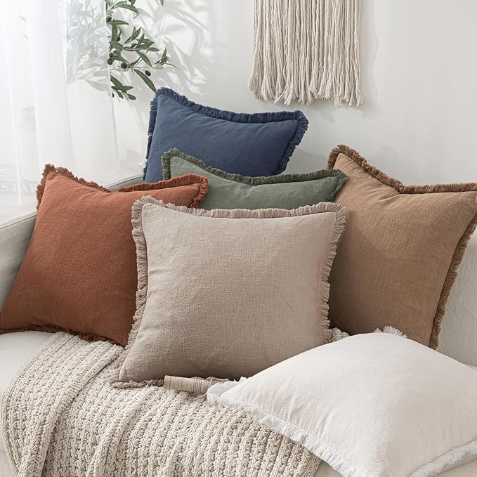 MIULEE Boho Natural Linen Fringe Decorative Throw Pillow Covers 18x18 | Set of 2 - Image 5