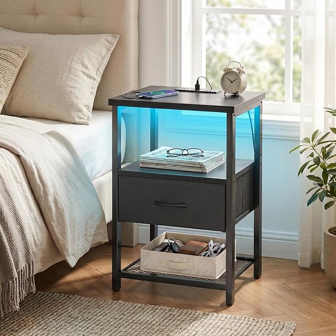 Fixwal Night Stand with Charging Station, LED Nightstand Side Table with Fabric - Image 2
