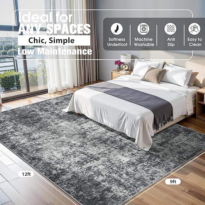 9x12 Area Rugs for Living Room Washable Bedroom Dining Room Black Grey | Modern - Image 2