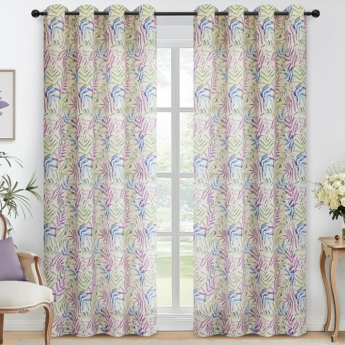 Yakamok 84 Inches Blue and Purple Leaves Linen Curtains by Yakamok
