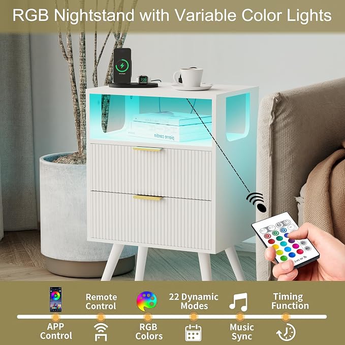 JOONEE White Nightstand with Charging Station and LED Lights, Modern Bedside - Image 5