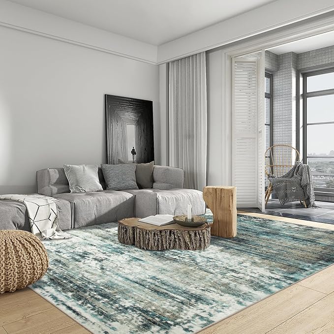 4x6 Area Rugs for Living Room: Washable Abstract Teal Green Badroom Carpet | - Image 3