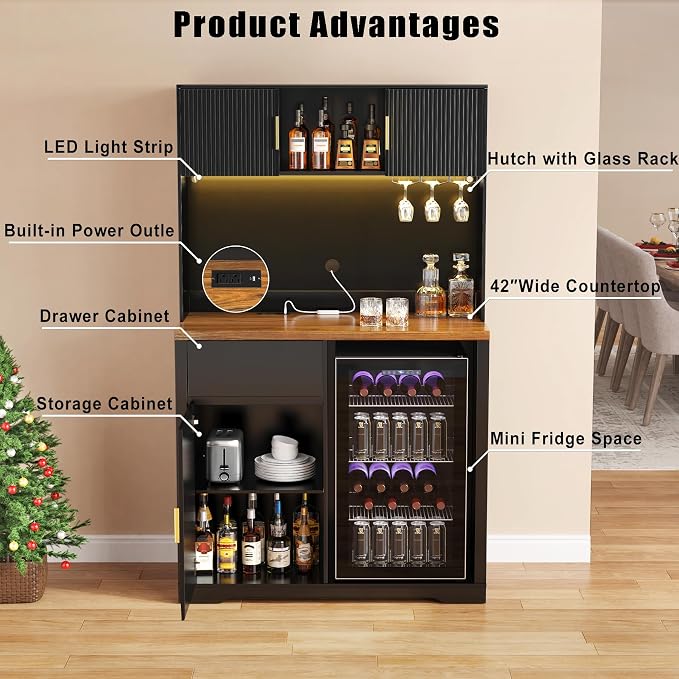 GDLF 72" Tall Bar Cabinet with Fridge Space, Fluted Coffee Liquor Hutch Cabinet - Image 5