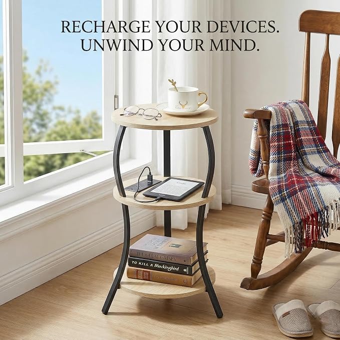 Small Round Side Table with Charging Station, 3-Tier Waist Circular End Table - Image 5