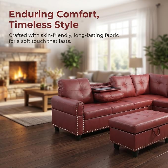 97.5" Red L Shaped Couch Set Leather, Modular Sectional Couches - Image 8