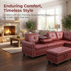 97.5" Red L Shaped Couch Set Leather, Modular Sectional Couches - Image 8