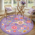 RELEANY Floral Washable Round 6ft Area Rug Purple/Pink | Flower Carpet Print - Image 2