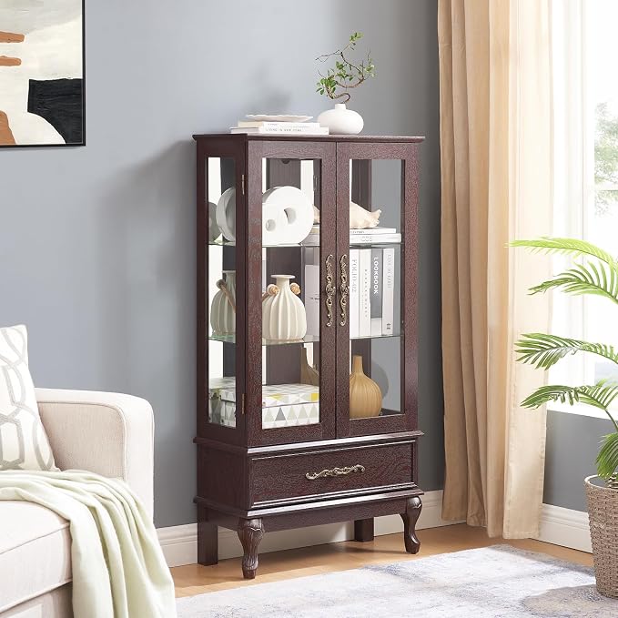 Curio Cabinet with Lighted, Tall Leg Glass Door Antique Cabinet with 1 Drawer - Image 4
