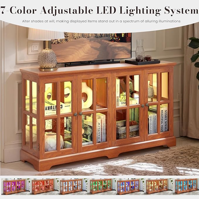 59" W LED Curio Cabinet with 7 Color Lights, Vintage Glass Display Case with - Image 3