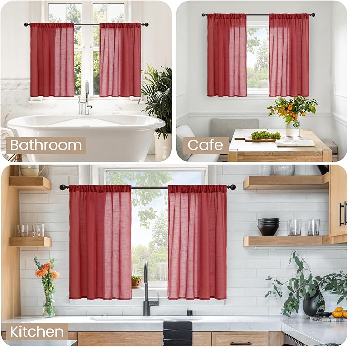 BGment Burgundy Linen Kitchen Curtains - Image 2