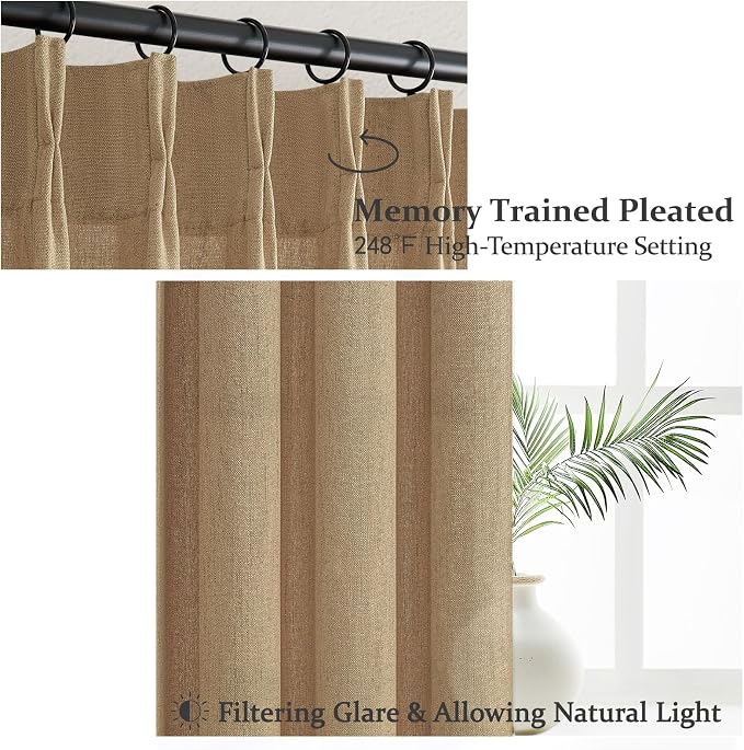 Rust Brown Pleated Flax Linen 102 Inch Extra Long Curtains - Image 3
