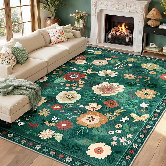 RELEANY Floral Washable 8x10 Area Rugs DarkGreen | Flower Carpet Print Boho by RELEANY