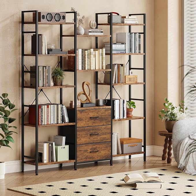 AFLUI Triple Bookshelf with 3 Fabric Drawers, 5-Tier Book Shelf and 10 Display - Image 5