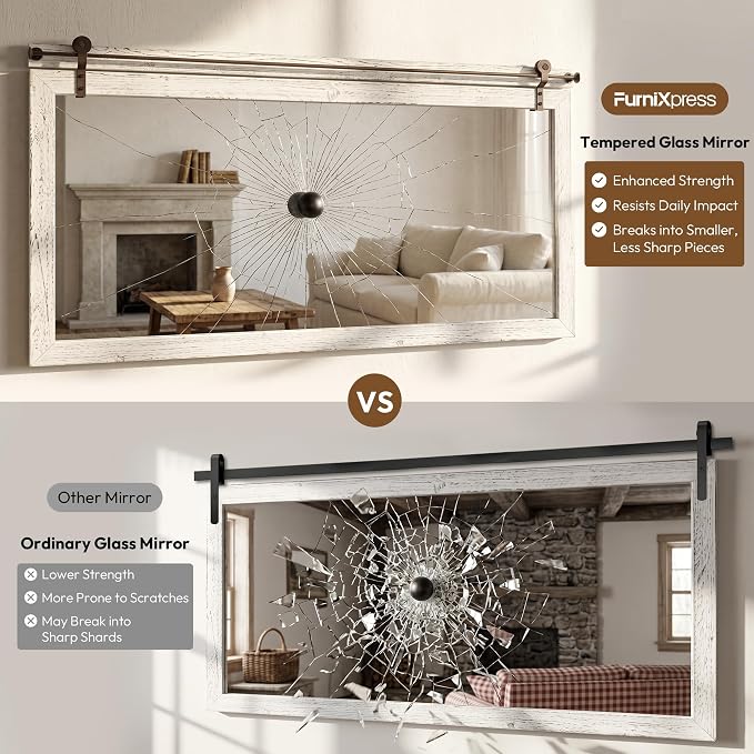 27"x49" Large Whitewashed Barn Door Wall Mirror, Horizontal Solid Wood Framed - Image 6