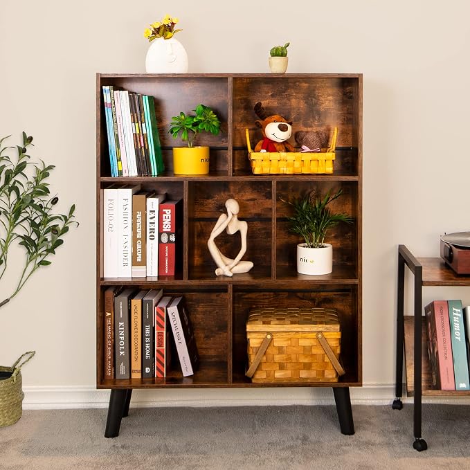 LEYAOYAO Cube Bookshelf 3 Tier Mid-Century Rustic Brown Modern Bookcase - Image 8