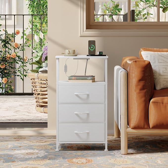 Somdot White Nightstand with Charging Station and LED Light - Image 7