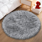 Faux Fur Grey Round Rugs 3ft for Bedroom, Small Fluffy Fuzzy Circle Rug Furry - Image 7