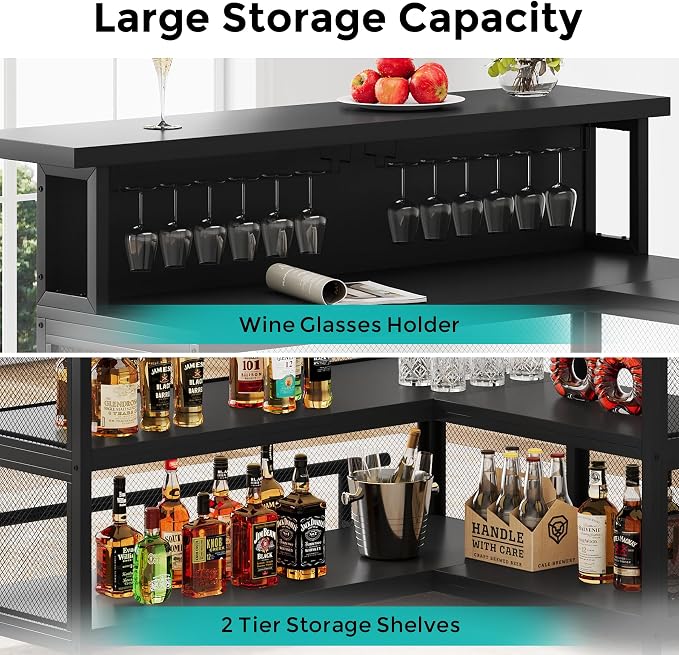L-Shaped Home Bar Unit with Wine Glasses Holder and LED Light, Modern Bar Table - Image 7