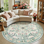 PLHXFR Round Area Rug Living Room: 8 ft Floral Washable Carpet Green Beige | by PLHXFRSoftAreaRugs