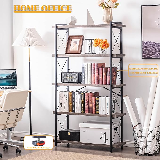 HCHQHS Bookshelf, 5-Tier Industrial Bookcase, Rustic Open Book Shelf, - Image 6
