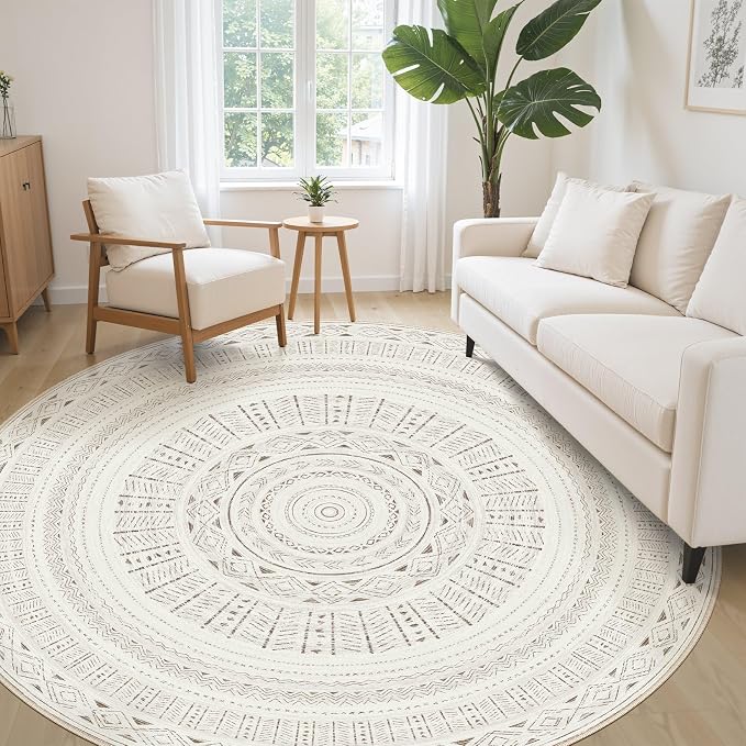 cotiled 8x8 Round Rug 8ft Circle Living Room Boho Area Rugs | Washable Foldable - Image 3