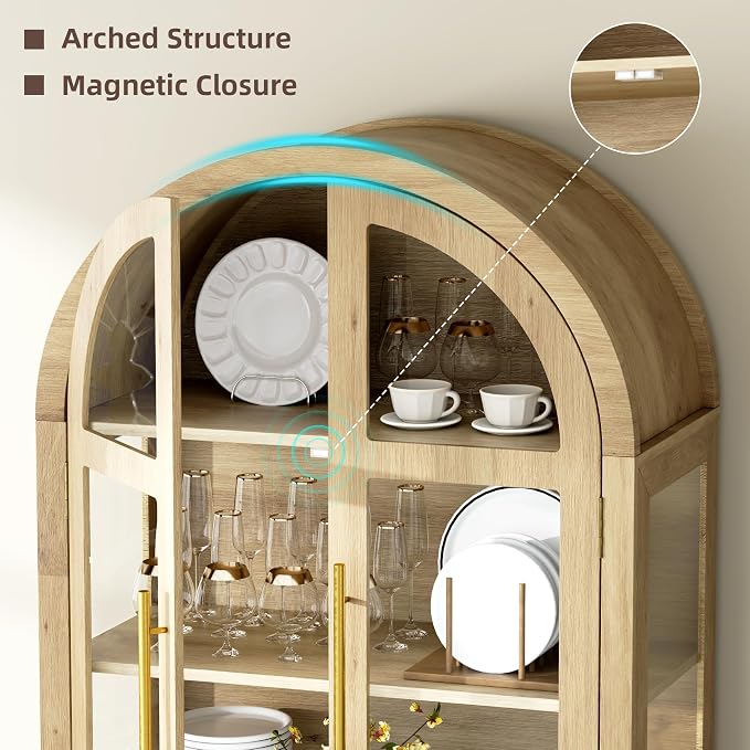 Arched Curio Cabinet with Glass Doors, 4-Tier Display Cabinet with 2 Drawers - Image 5