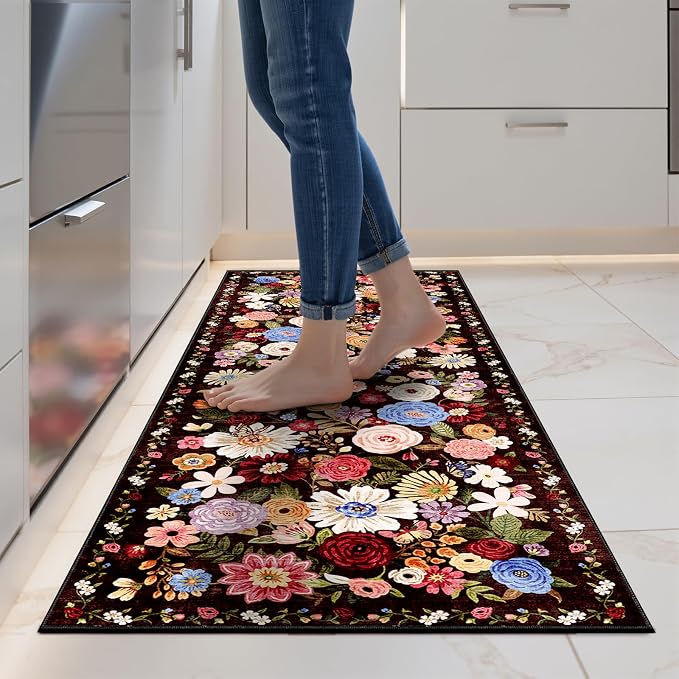 Black Brown Floral Hallway Runner Rug 2x5 by WelcometoBabovid