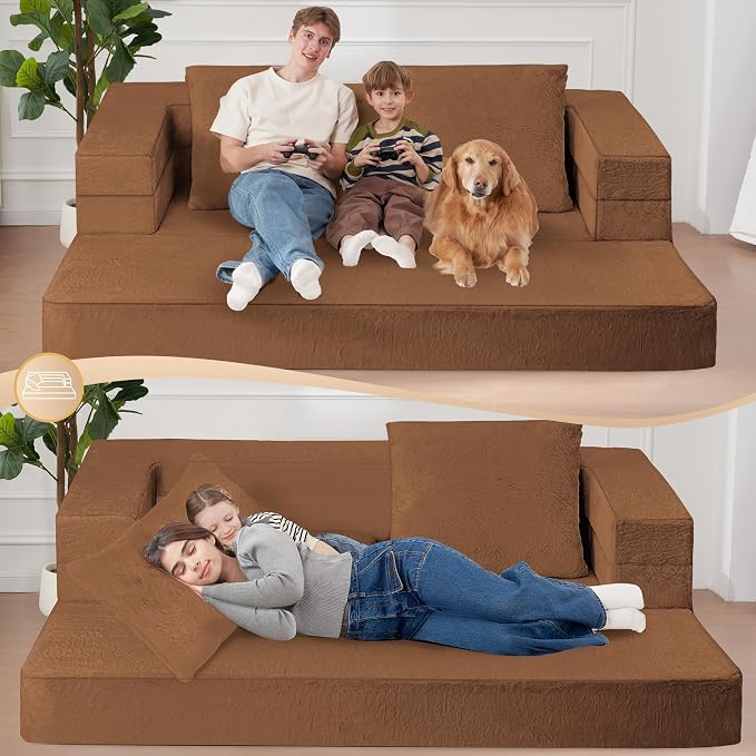 Folding Bean Bag Chair for Adults, 3-in-1 Bean Bag Couch Faux Fur Floor Sofa - Image 6