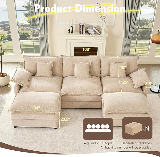 GOSUHI 108" U Shaped Couch, Modular Sectional Sofa, 3-Seater Comfy Cloud Couch - Image 3