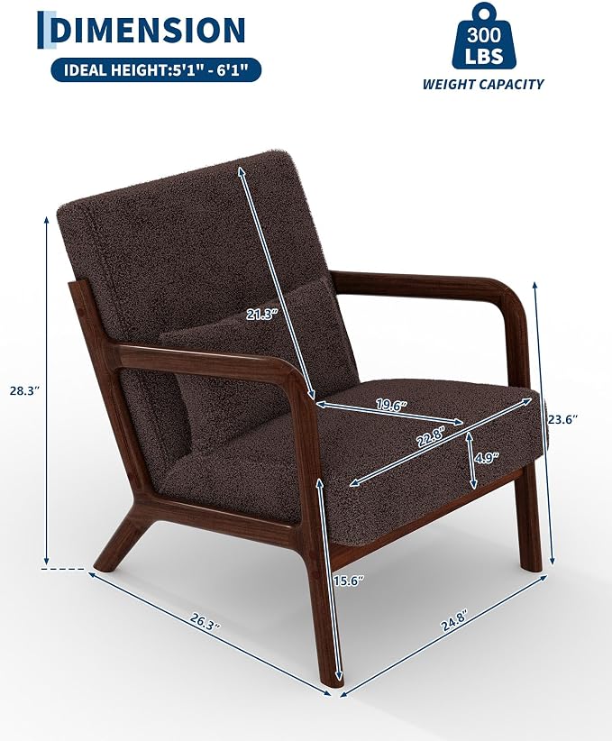 Garvee Mid-Century Modern Accent Chair, Sherpa Upholstery, Solid Wood Armchair - Image 2