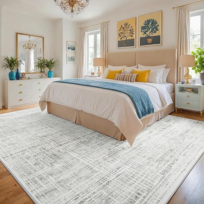 10x12 Washable Area Rug for Living Room Bedroom: Non-Slip Modern White Gray | - Image 2