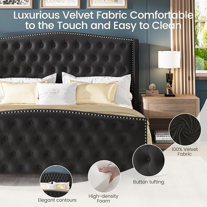 LARMACE King Size Bed Frame Velvet Upholstered Platform Bed - Image 5