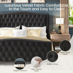 LARMACE King Size Bed Frame Velvet Upholstered Platform Bed - Image 5