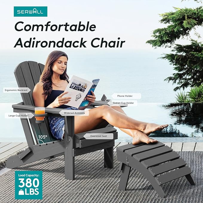 SERWALL Foldable Adirondack Chair, HDPE Adirondack Chair - Image 6