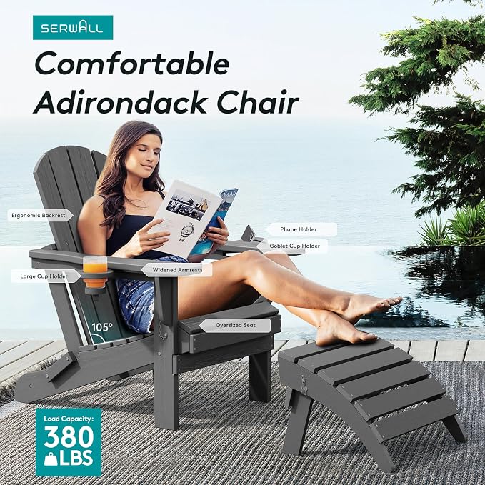 SERWALL Foldable Adirondack Chair Set of 2, HDPE Adirondack Chair - Image 6