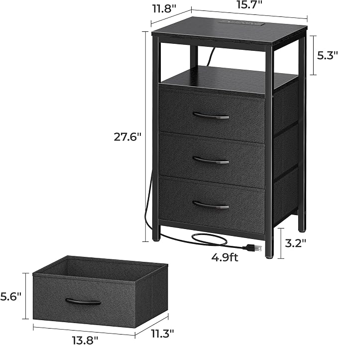 Huuger Nightstand with Charging Station, 27.6 Inch Side Table with Fabric - Image 3