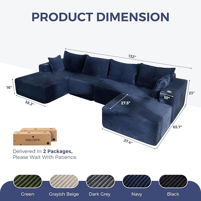 MAXYOYO 132" Giant U-Shaped Modular Sectional Couch, Modern Boneless Couch - Image 2