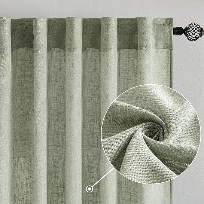 MIULEE Sage Linen Curtains 52x63 Inch Long 2 Panels of Green Window Drapes | - Image 2
